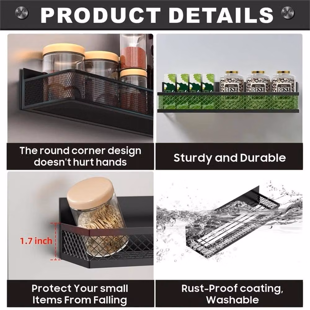 Nordara 3 Pack Magnetic Metal Hanging Storage Rack Organiser for Refrigerator, Black, W: 100 cm, D: 15 cm, H: 15 cm – 4