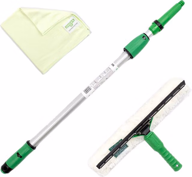 Unger 3 Piece Green Conservatory Window Cleaning Kit with Squeegee, Telescopic Handle and Microfibre Cloth