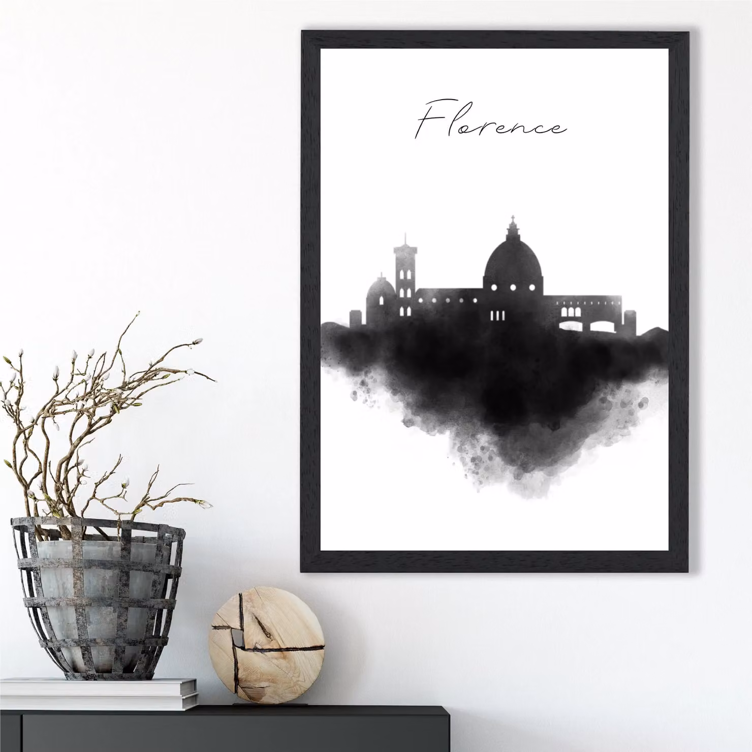 ARTZE Florence Watercolour Skyline City Framed Print in Black and White, A2 Size – 2