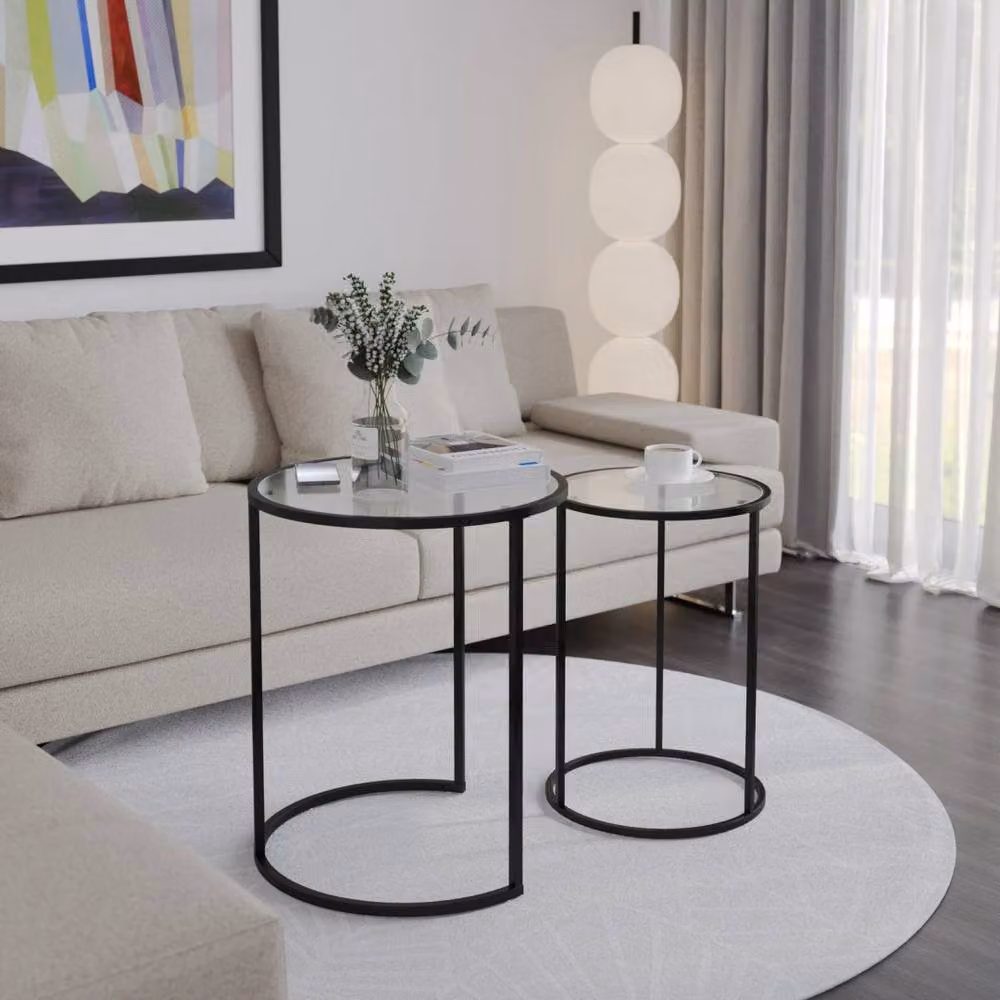 Levia 2 Piece Round Nested Coffee Tables with Glass Tops and Sled Base in Black and Multicolour – 3