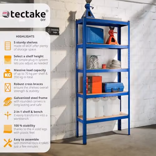 tectake Heavy-Duty 5-Tier Garage Shelving Unit with MDF Shelves, Blue, W: 172.0 cm, D: 75.5 cm, H: 30.5 cm – 3