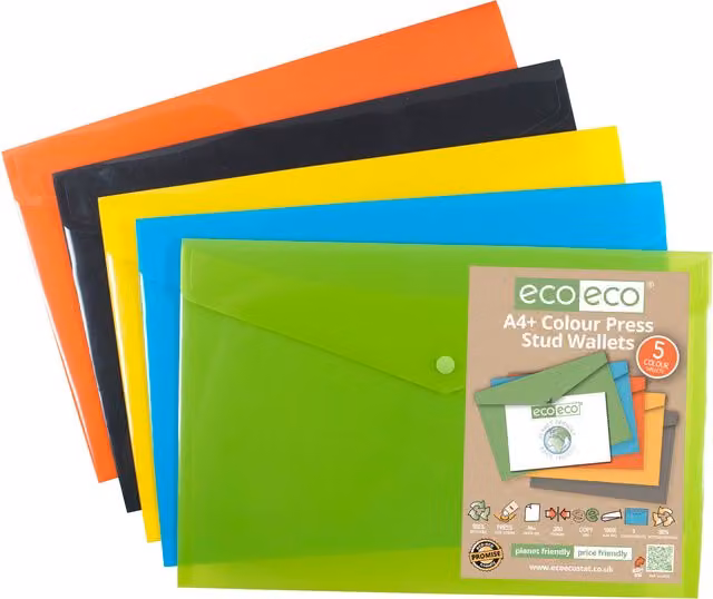 Eco-Eco Pack of Five Multicolour A4 Snap Press Stud Wallets