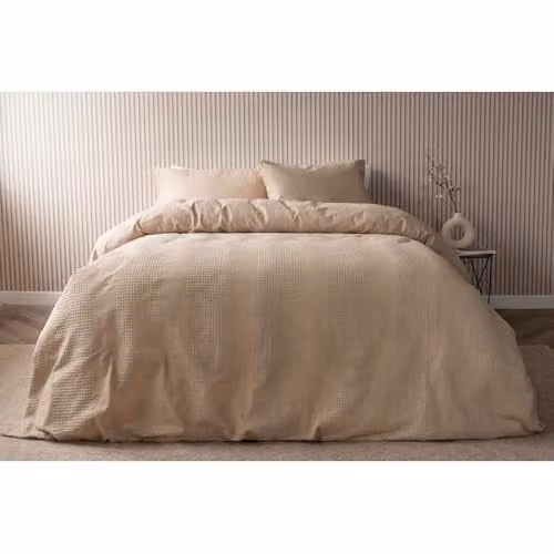 Belledorm Waffle Stripe Cotton Duvet Cover and Pillowcase Set in Beige, W: 200 cm x D: 200 cm