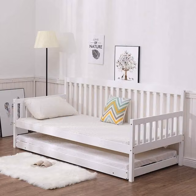 Kosy Koala White Lacquered Solid Wood Single Daybed with Guest Trundle, W/D/H: 90 x 190 x 91.44 cm