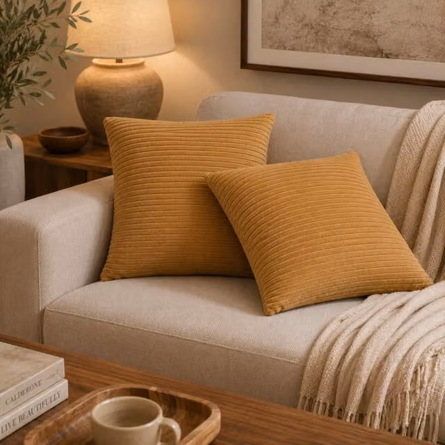 Artisan Furniture Set of 2 Yellow Cotton Square Ribbed Cushions