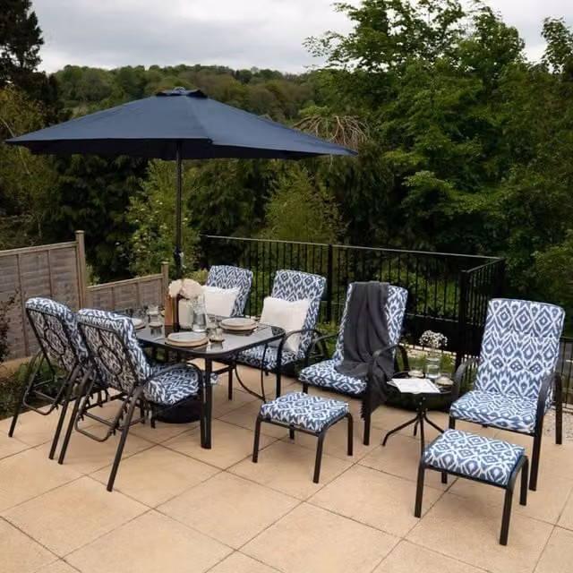 Hectare Blue and White Geometric Metal Reclining Garden Dining and Leisure Furniture Set