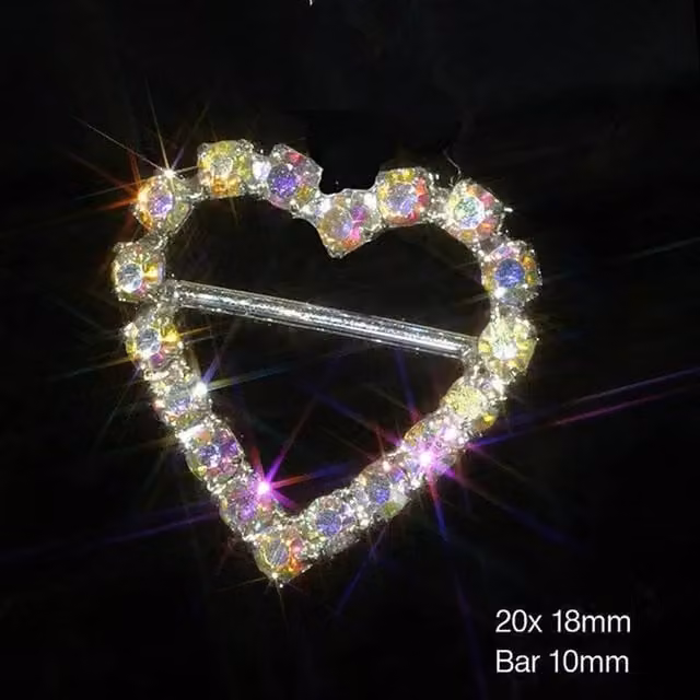 Syntego Pack of 10 Aurora Borealis Heart Diamante Ribbon Slider Buckles in Silver and Multicolour