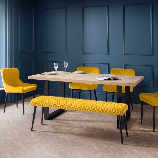 Julian Bowen Berwick Rectangular Dining Set with Low Bench and 4 Chairs in Yellow Oak and Metal