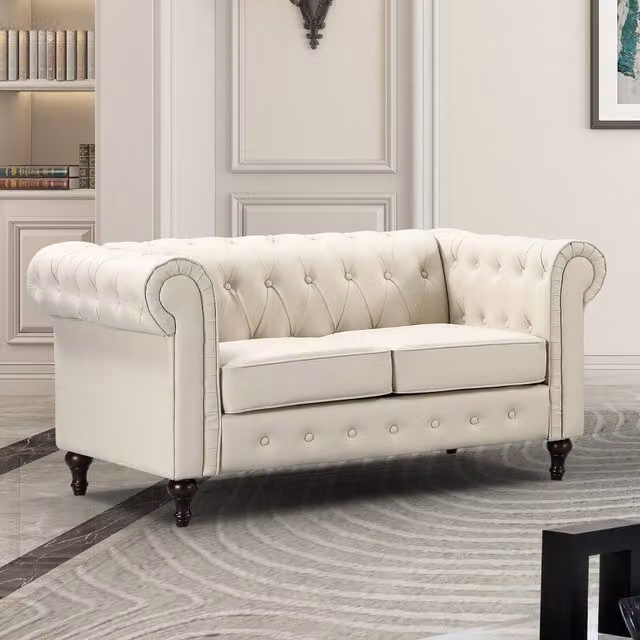 Artemis Home Richland Chesterfield 2 Seat Sofa in Beige and White Synthetic Leather