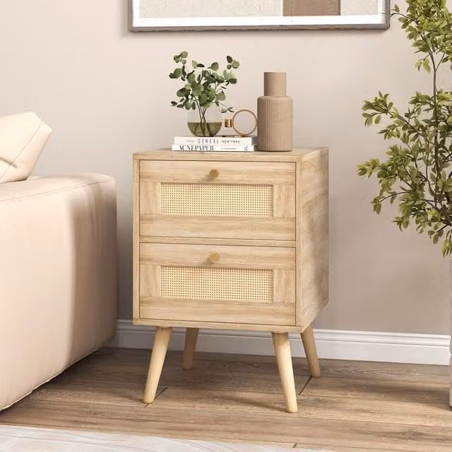 COSTWAY Boho Rattan and Wood Bedside Table in Brown and Beige
