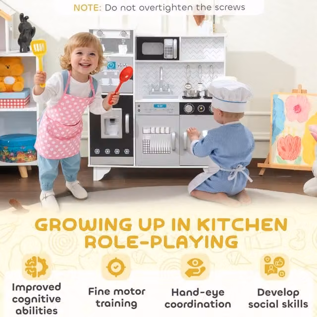 AIYAPLAY Kids Play Kitchen with Sounds and Ice Coffee Maker and Utensils, White