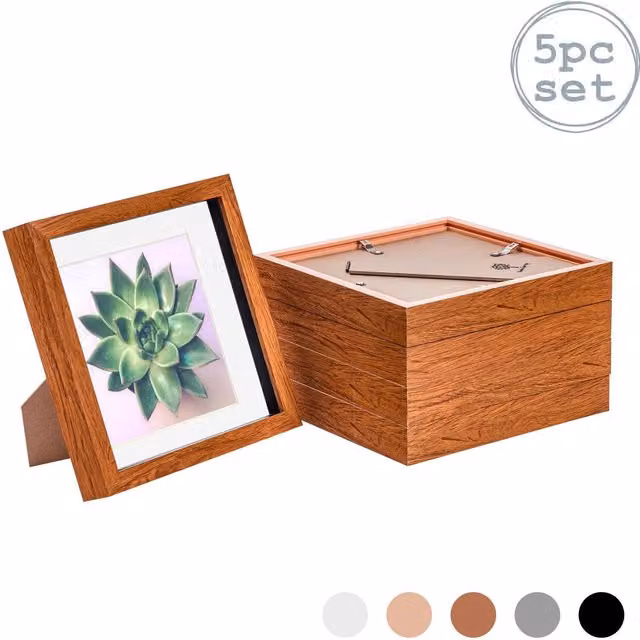 Nicola Spring Pack of 5 Single Square 3D Box Photo Frames in Brown and White Wood with Glass, W/H: 20.32 x 20.32 cm