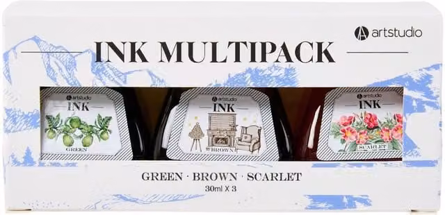 Art Studio Ink Pot Set of 3 in Green, Brown and Red