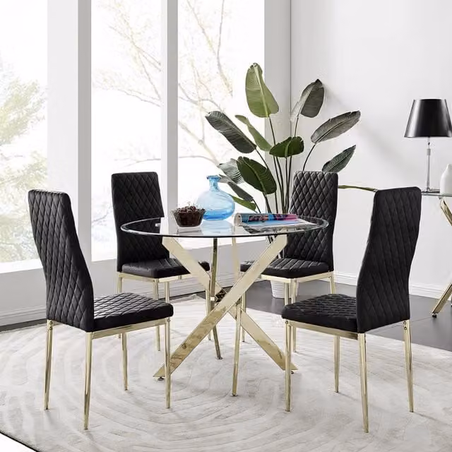 FurnitureboxUK Novara 100cm Gold Round Glass Dining Table and 4 Black Velvet Milan Chairs