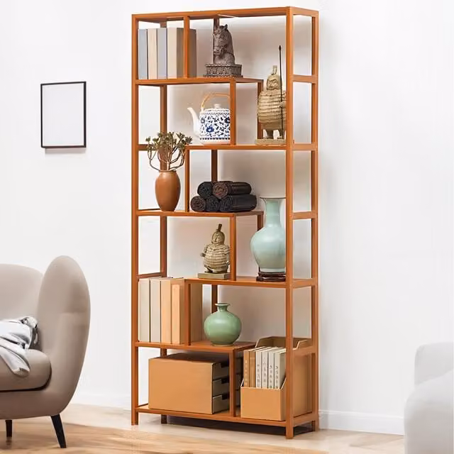 Komore 7-Tier Geometric Open Back Solid Wood Bookcase in Brown