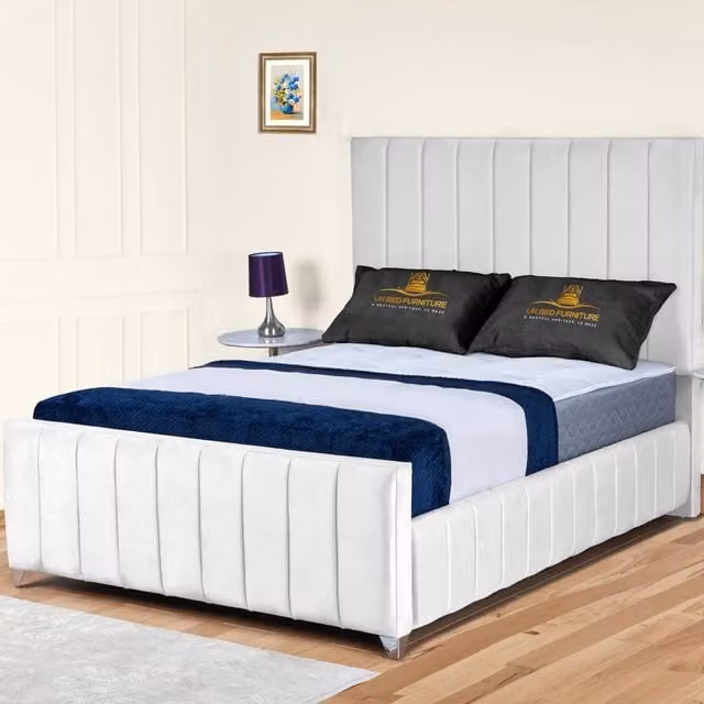 UK Bed Furniture Milano White Velvet Upholstered Slatted Base Bed with 48 Inch Headboard, Size: Super King, W/D/H: 200 x 200 cm
