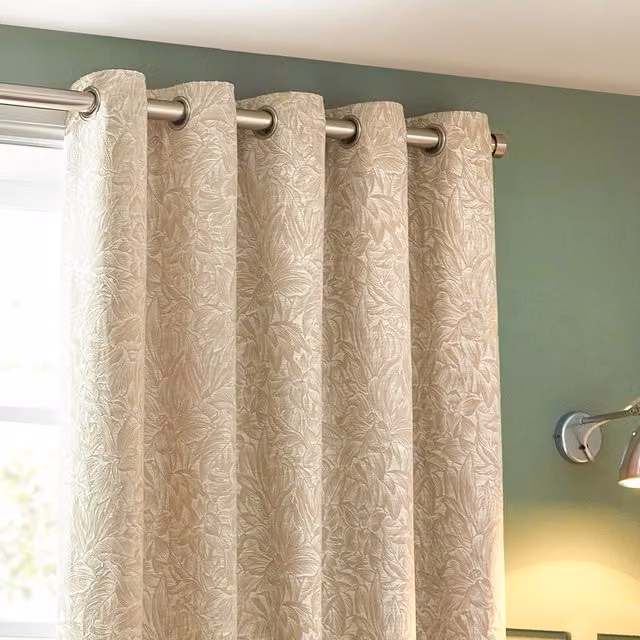 Grantley Set of 2 Jacquard Eyelet Curtains with Floral Design in Beige and Yellow, Height: 183 cm or 229 cm