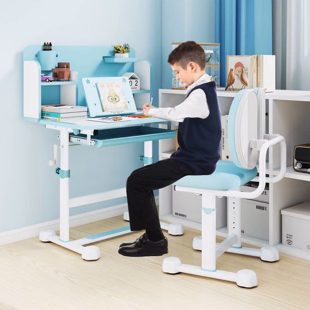 Gymax Height-Adjustable Tilting Study Desk and Chair Set for Children in Baby Blue – 3