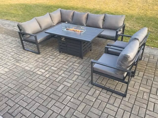 Fimous 8 Seater Aluminium Outdoor Garden Furniture Set with Corner Sofa and Gas Fire Pit Dining Table in Dark Grey