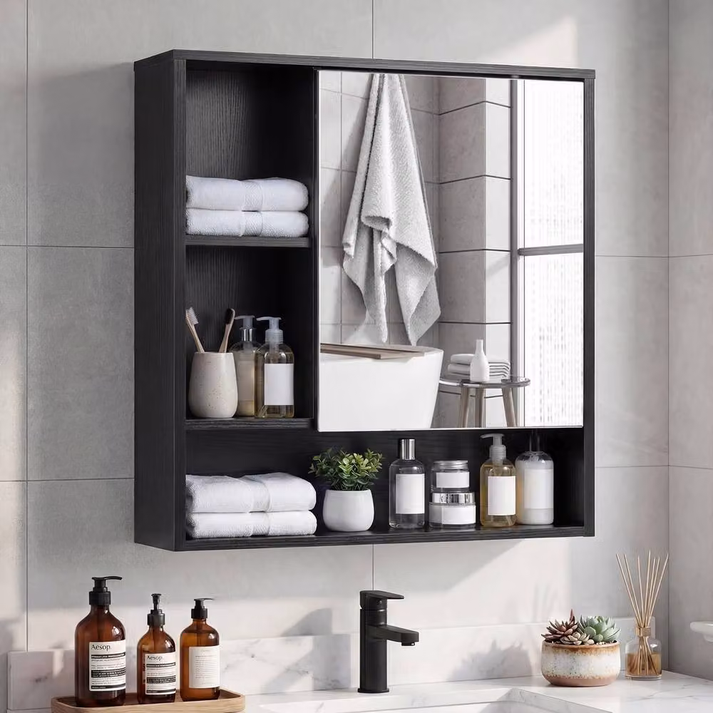 Costway Modern Black Wooden Bathroom Wall Mirror Cabinet with 3 Open Shelves – 10