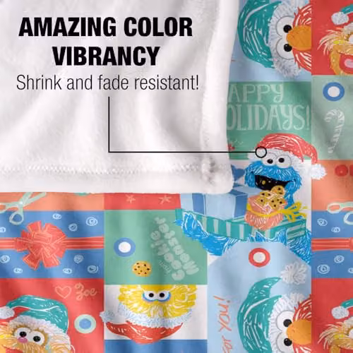LOGOVISION Sesame Street Happy Holiday Squares Pattern Super Soft Fleece Throw Blanket, Multicolour, W/D/H: 152 x 127 cm – 2