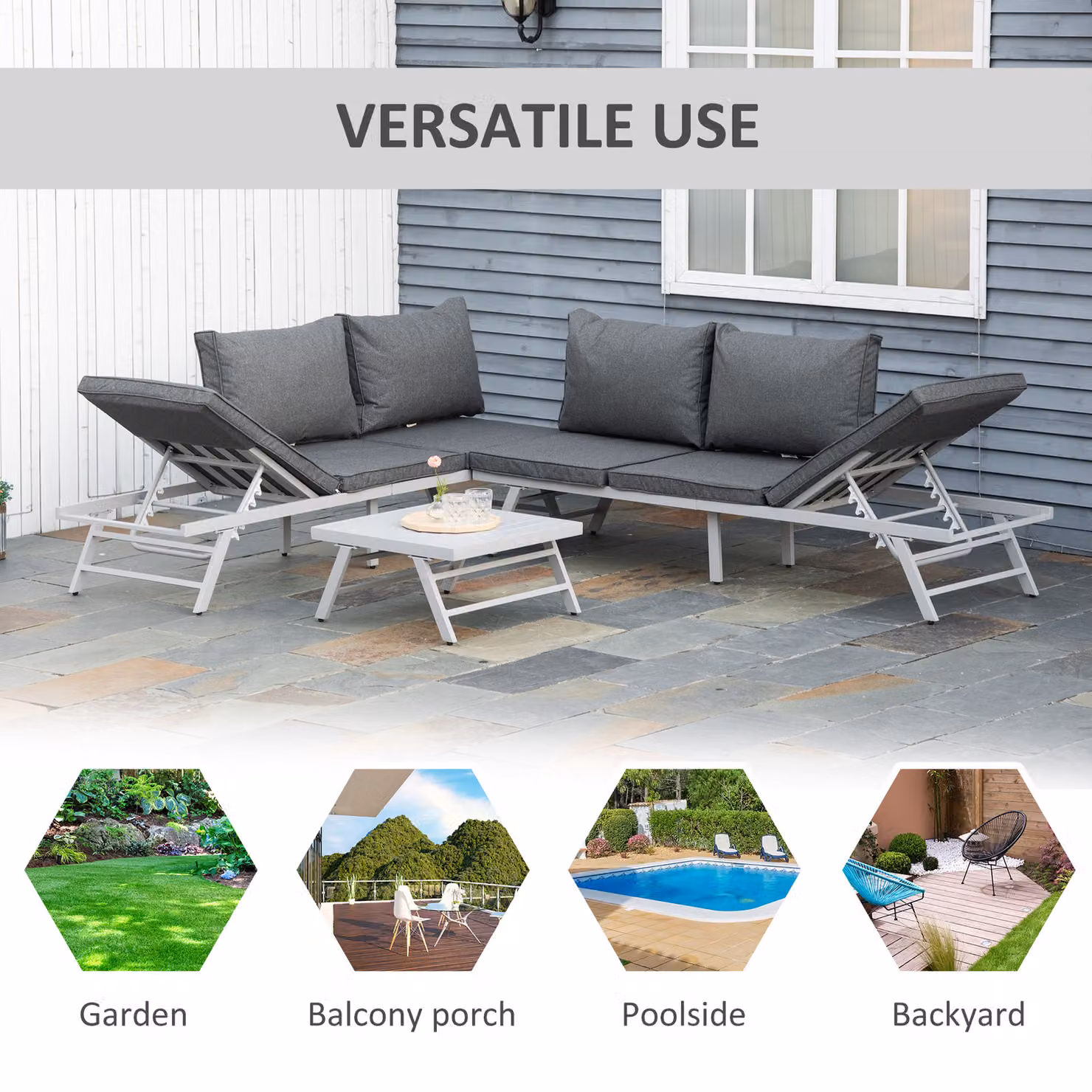 Outsunny 3 Piece L-Shape Garden Seating Set with Convertible Sofa, Coffee Table and Grey Weather-Resistant Cushions – 6