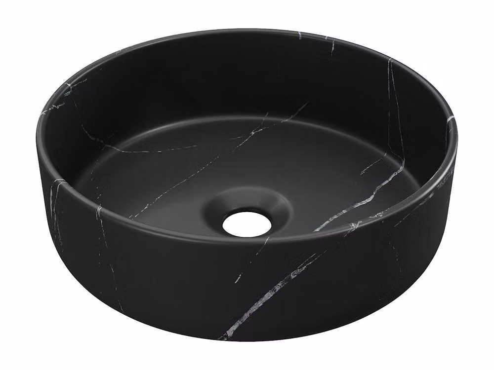 Vente-unique Round Ribbed Ceramic Washbasin in Black Marble Effect, Diameter: 36 cm – 2