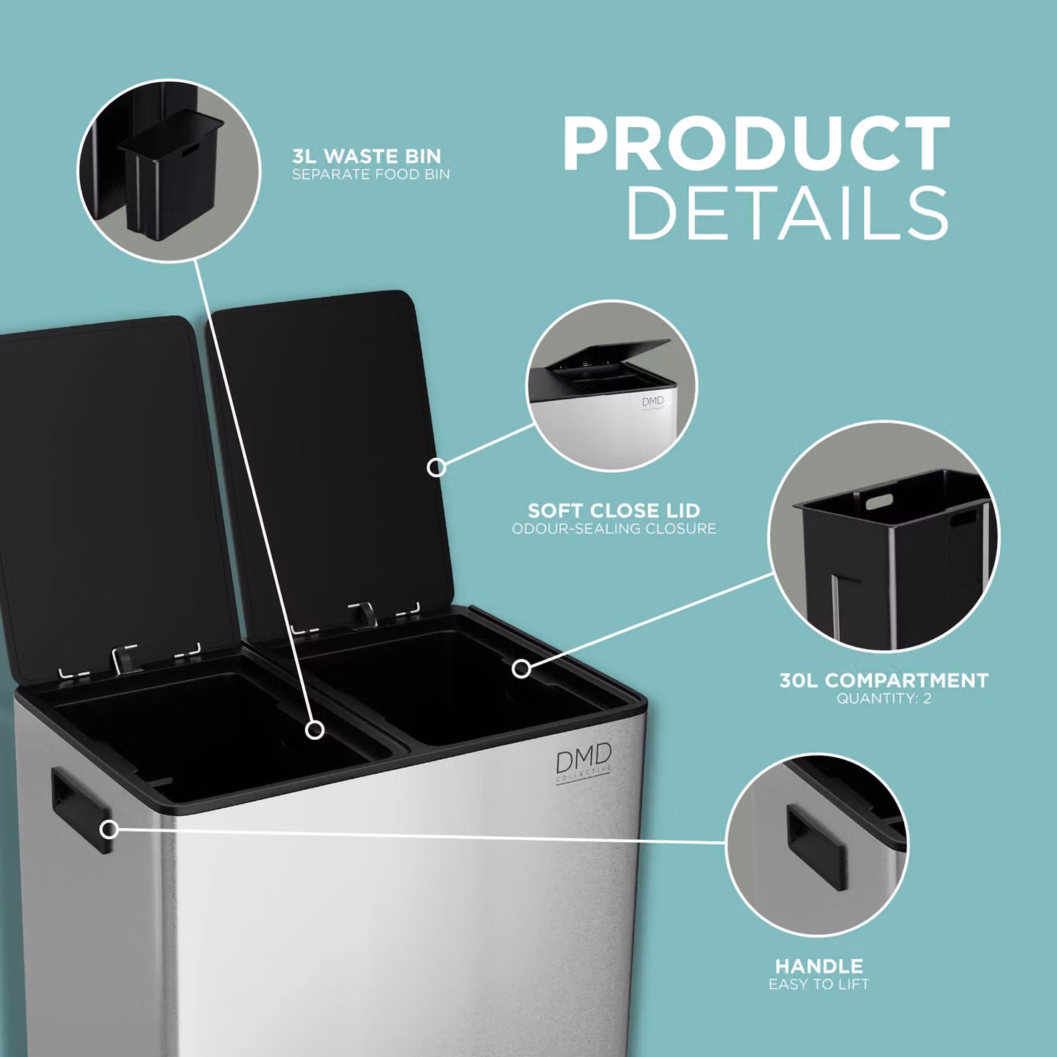 DMD Collective 60L Stainless Steel Double Kitchen Waste and Recycling Bin with Soft Close and Fingerprint Proof Finish in Silver – 4
