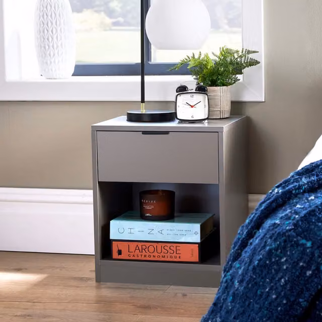 Home Source Phoenix 1 Drawer Bedside Table Storage Unit in Grey and Silver