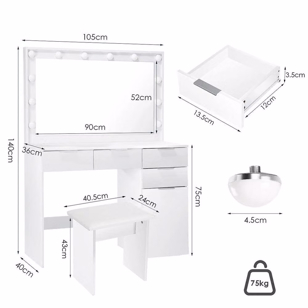 FLAVORA White Modern Vanity Dressing Table Set with Hollywood LED Light Mirror and Stool, W: 100 cm, D: 15 cm – 1