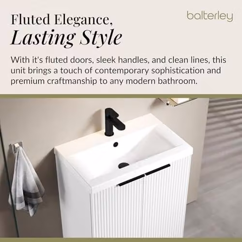 Balterley White Floor Standing Bathroom Vanity Unit with Basin and Fluted Soft Close 2 Door, W/D/H: 61.0 x 39.0 x 85.0 cm – 2