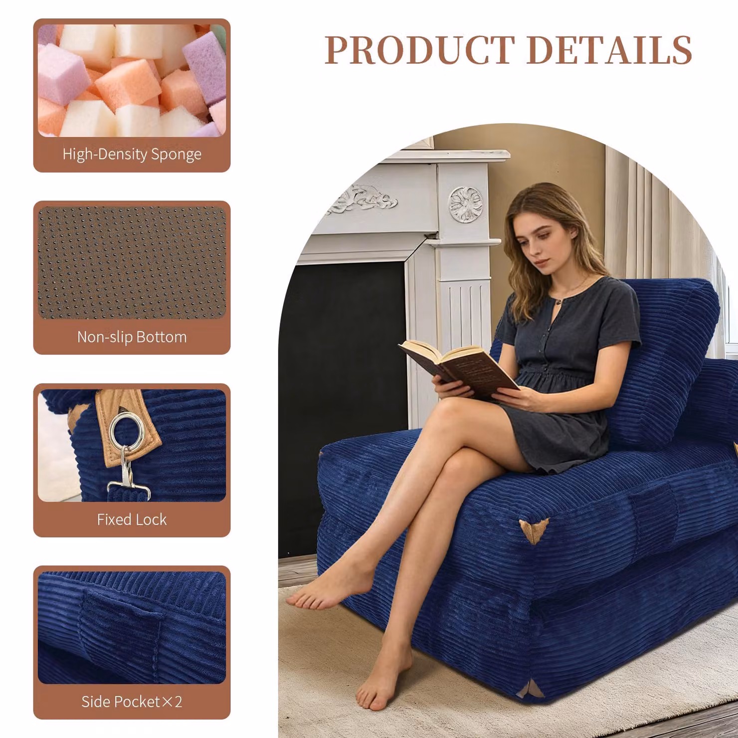 Aosom UK 3-in-1 Convertible Corduroy Floor Sofa Bed with Side Pockets, Blue, W/D/H: 87 x 86 x 40 cm – 4