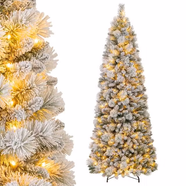 Gymax 210 cm Pre-Lit Snow Flocked Artificial Christmas Tree in White – 1