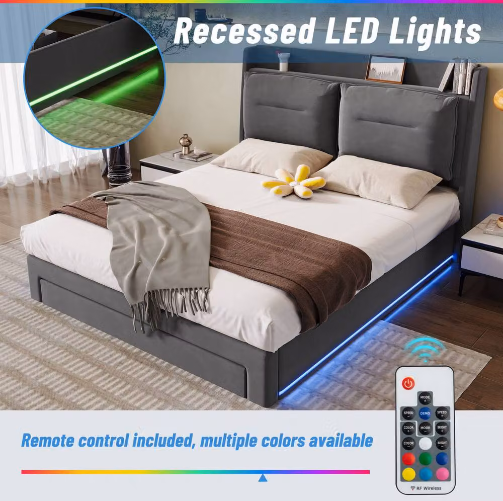 STILVORA Grey Velvet Upholstered Double Bed with Storage Drawers and LED Under-Bed Lighting, W/D/H: 140 x 200 x 135 cm – 6