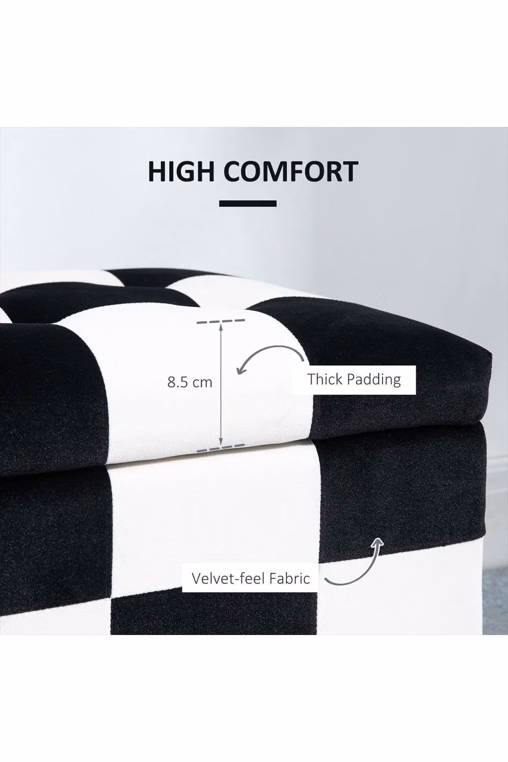ERGOVEXA Velvet Checked Storage Ottoman in White, Black and Multicolour, W/D/H: 114 x 47 x 47 cm – 2
