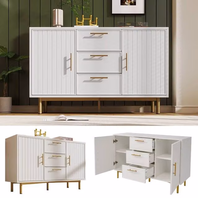 BTM White Modern Sideboard Cabinet with 2 Doors, 3 Drawers and Adjustable Shelf, W/D/H: 120 x 40 x 75 cm – 1