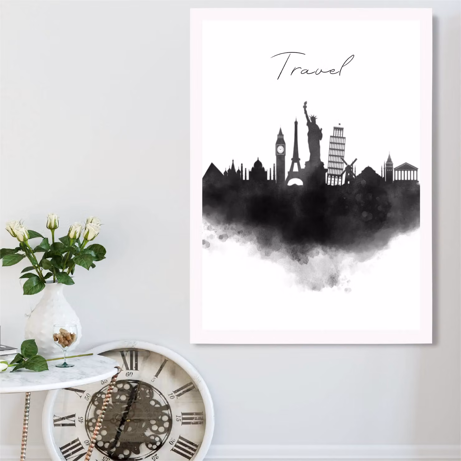 ARTZE Travel Watercolour Skyline City Framed Print, Black and White, A4 – 2