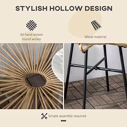 Outsunny Round PE Rattan Side Table with Tempered Glass Top in Beige, Black or Brown – 4