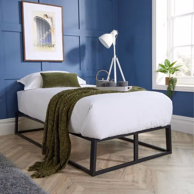Home Source Platform Metal Bed Frame in Black, W/D/H: 90 x 190 cm