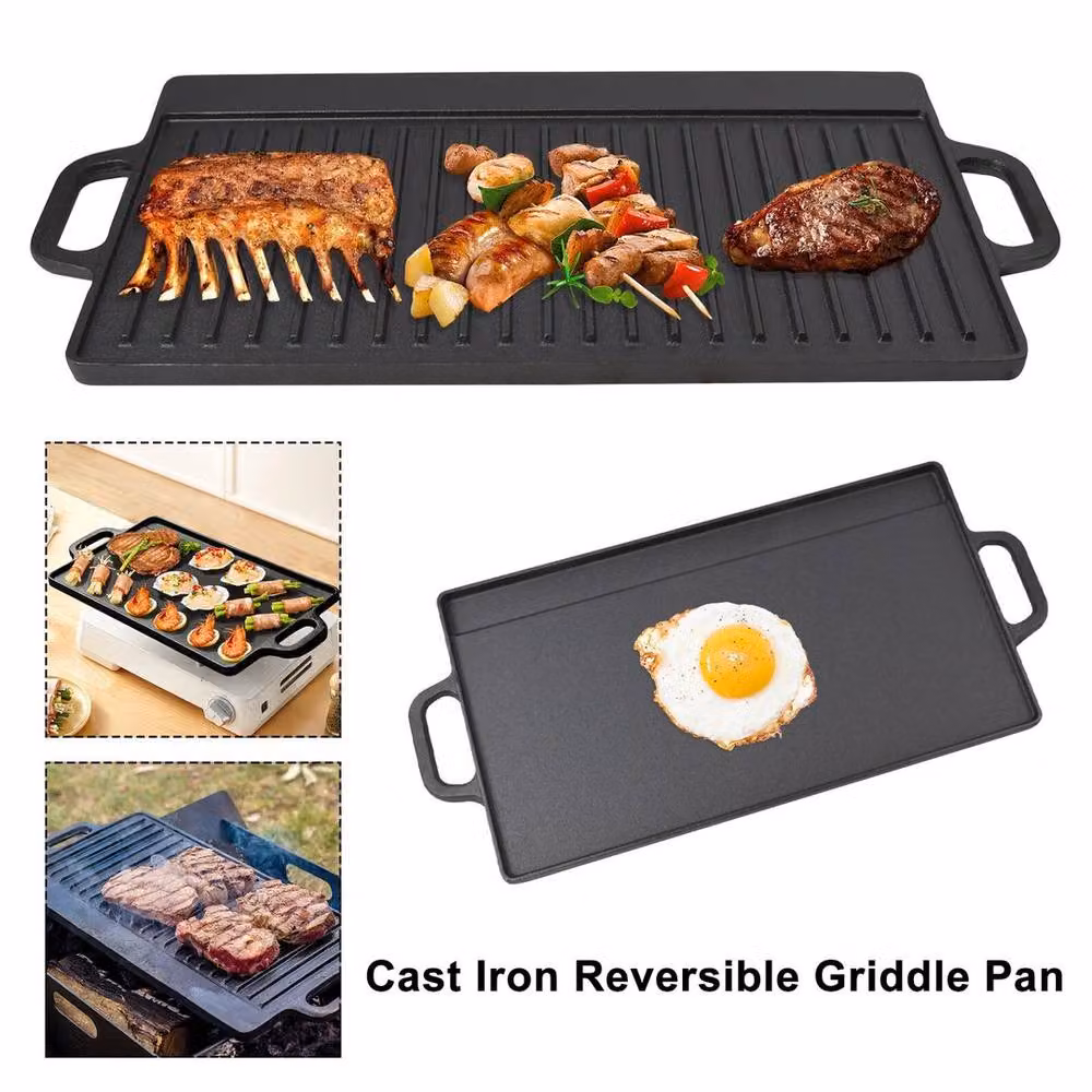 NESTLUNE Large Cast Iron Reversible Non Stick Griddle Plate, Black, W: 100 cm, D: 15 cm – 4