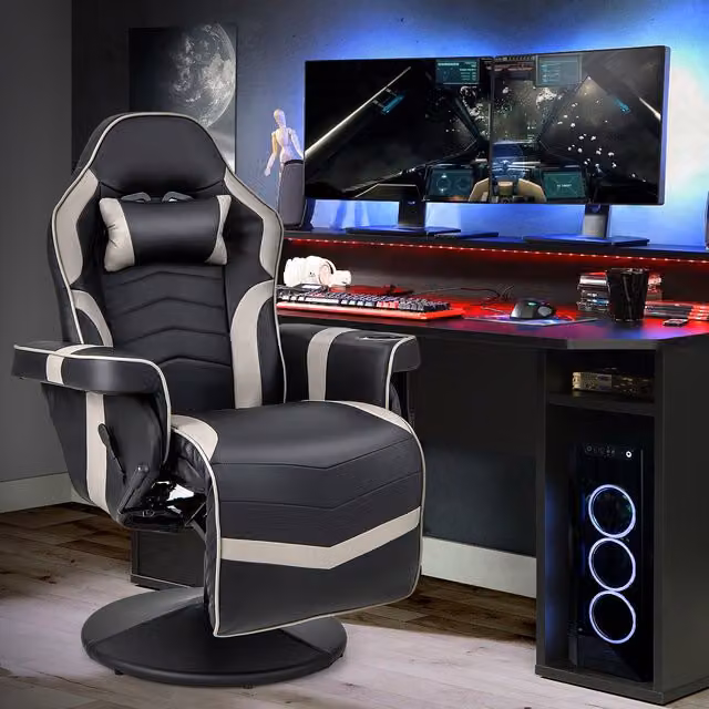 COSTWAY Grey Massage Gaming Chair with Swivel Recliner and Synthetic Leather Headrest