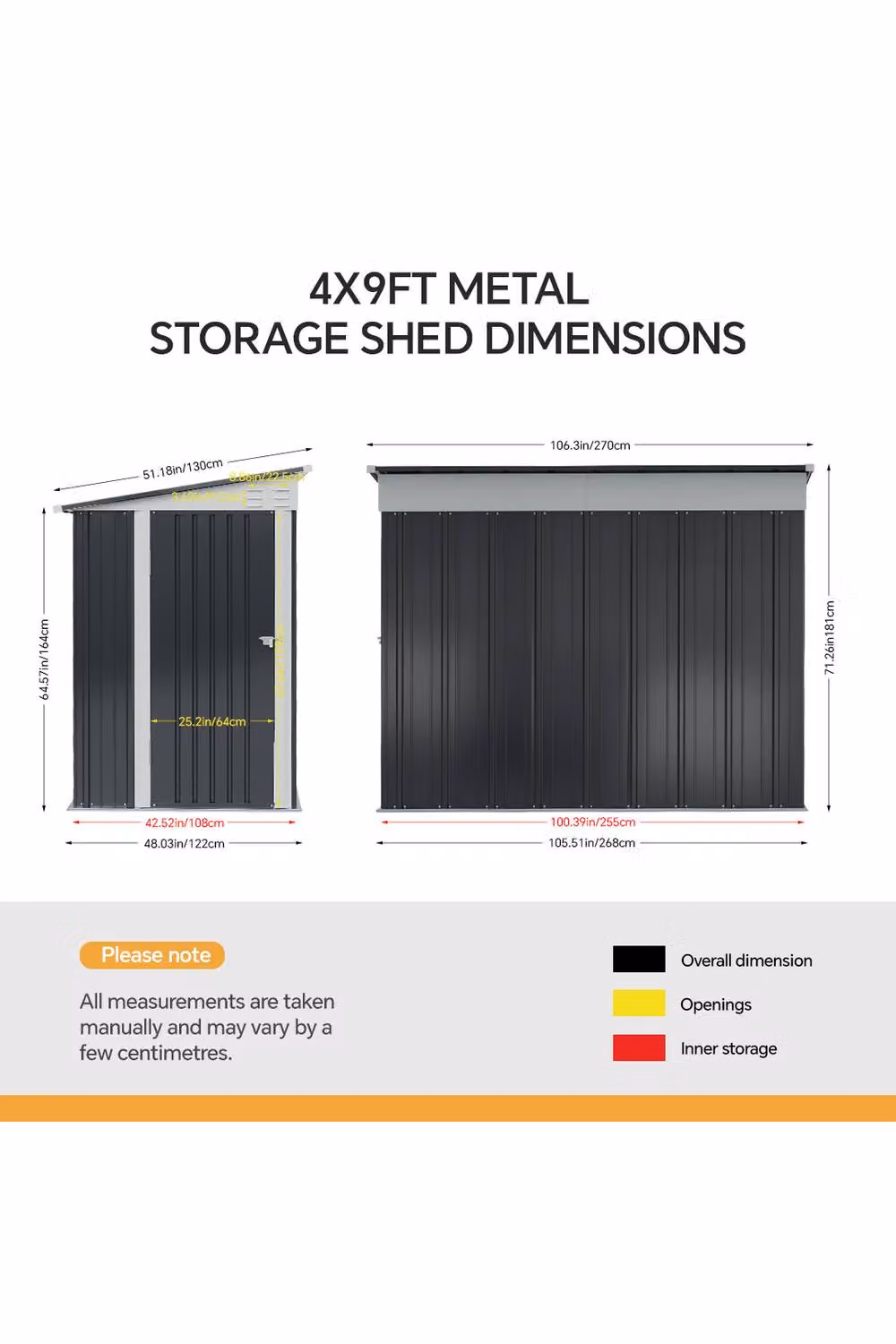 Living and Home Black Metal Pent Roof Garden Tool Shed Outdoor Patio Storage House W/D/H: 121.92 x 274.32 x 181 cm – 3