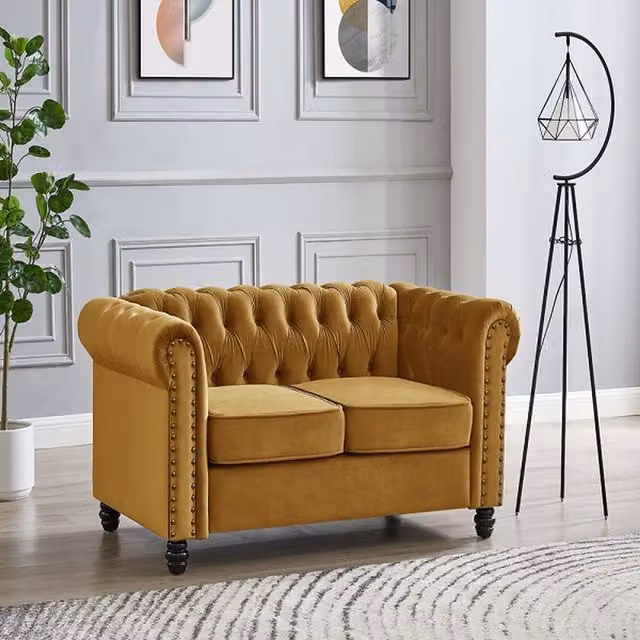 GRS Chester Velvet Sofa Suite with Stud Design and Wooden Feet in Gold
