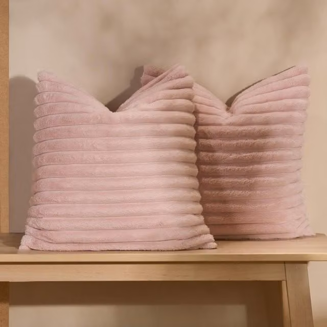 OHS Pack of 4 Square Faux Fur Ribbed Cushion Covers in Pink