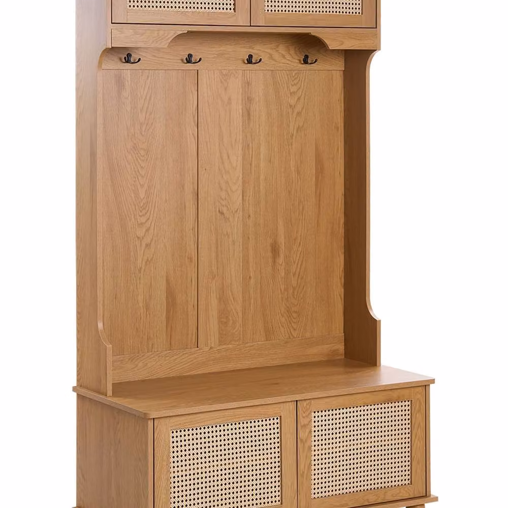 Wyld and Coco Brown Wall Mounted Shoe Storage and Coat Rack with Rattan Details, W/D/H: 100 x 47 x 170 cm – 2