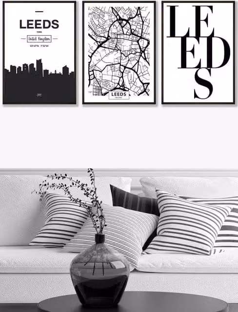 ARTZE LEEDS Skyline Street Map City Print Framed Wall Art in Black, W: 53 cm, H: 73 cm, D: 2 cm