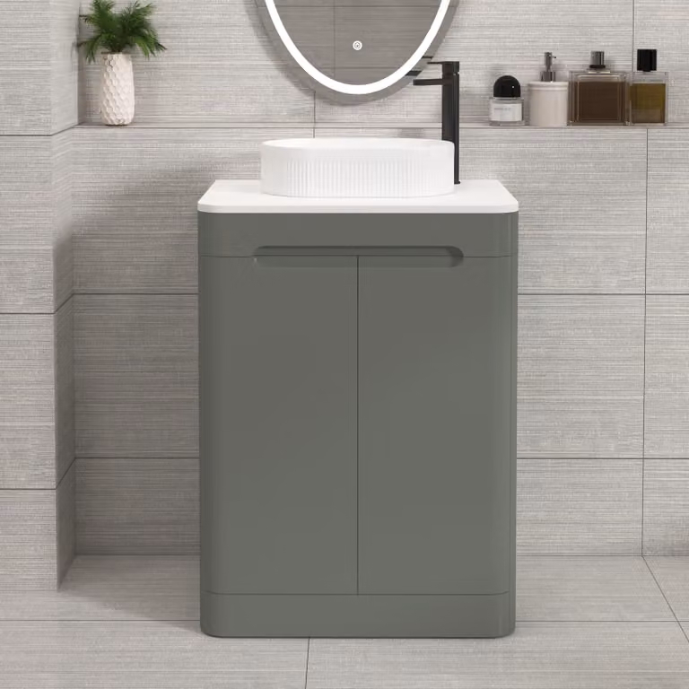 Royal Bathrooms Venice 600mm Sage Green Floor Standing 2 Door Vanity Unit with Plain White Worktop and Lyon Basin