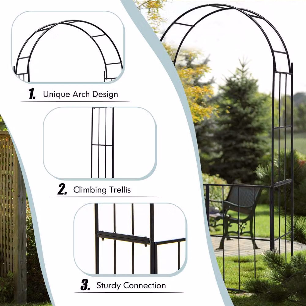 Costway Heavy-Duty Metal Garden Arch Arbor Trellis with Gate in Black, Height: 230 cm – 4