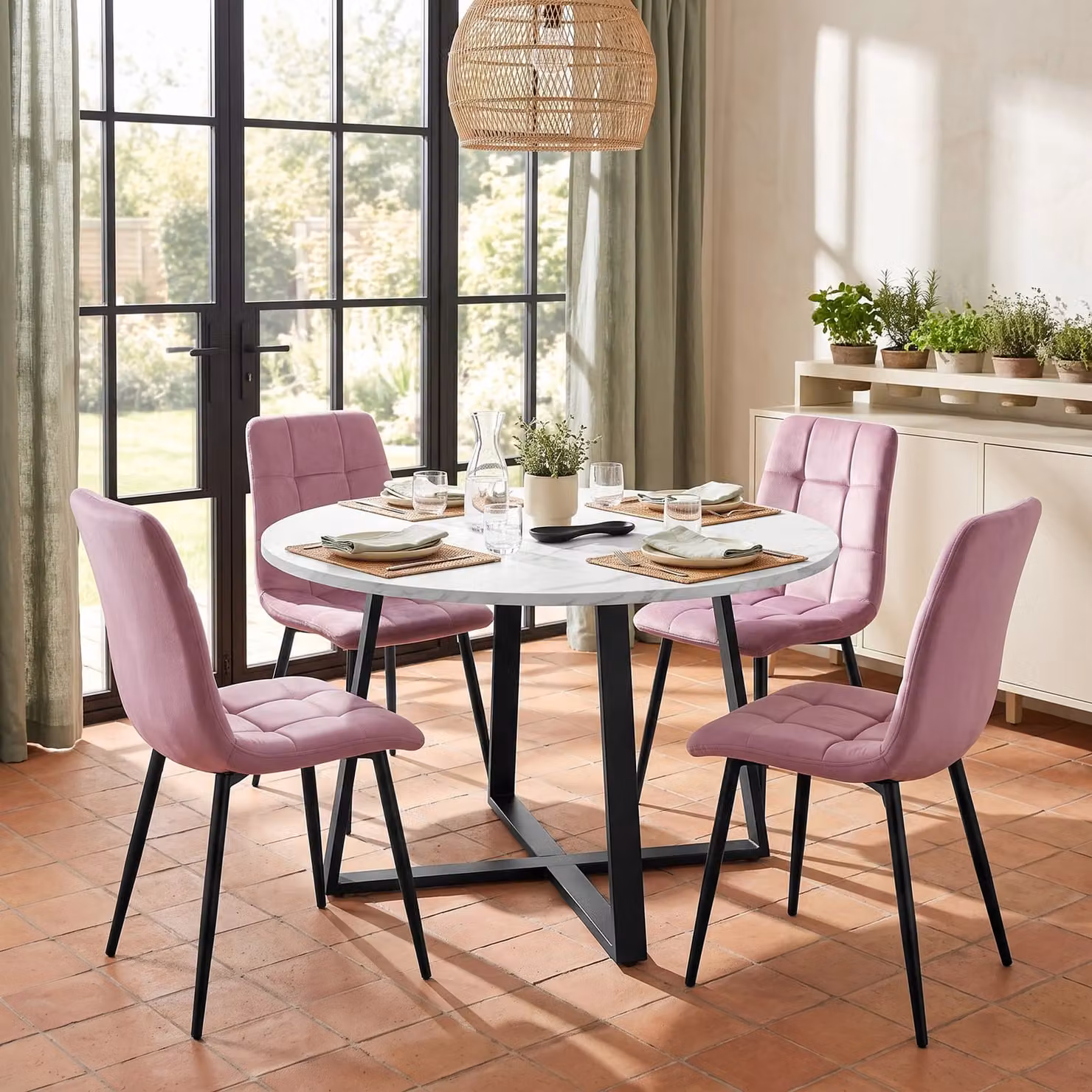DHS Round Dining Table Set with 4 Chairs, White Marble Effect and Pink