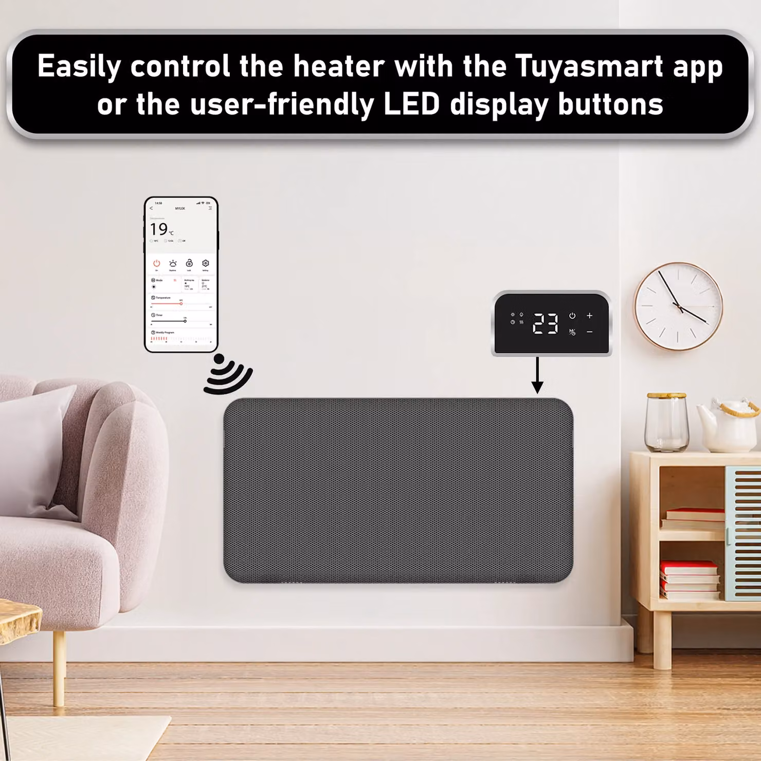 MYLEK 2kW Electric Mica Panel Radiator in Grey with WiFi App Control and IPX4 Rating – 3